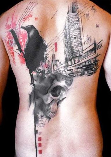 black crow city and skull tattoo on back by klaim
