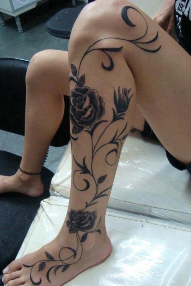black ink amazing floral leg sleeve