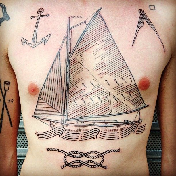 duke riley tattoo sailboat and fisherman’s knot