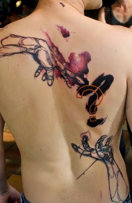 hands and question mark tattoo on back by klaim