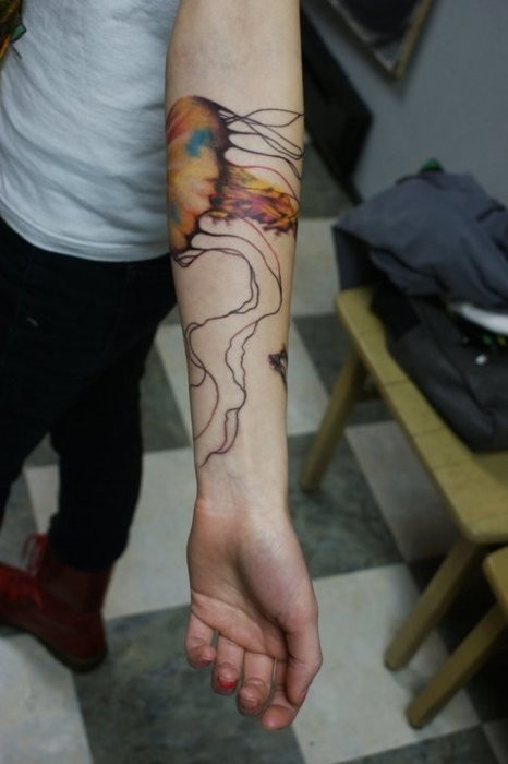 modern tattoo colour jellyfish on arm