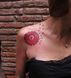 red flower tattoo on shoulder by matik