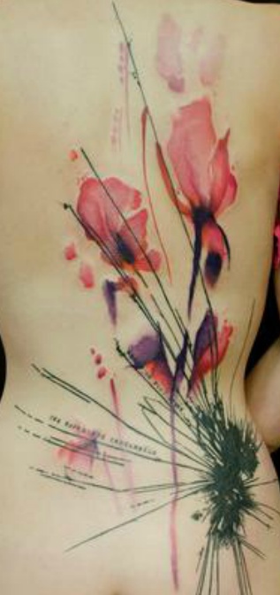 watercolor flower back tattoo by klaim