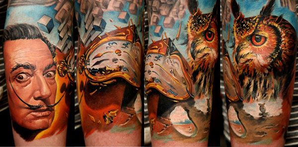 Amaizing man and owl photorealistic tattoo