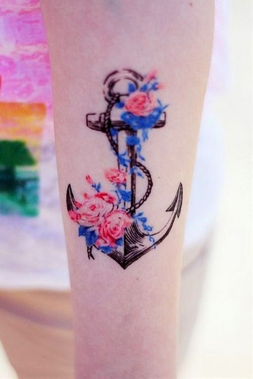 Colorful flowers and anchor tattoo