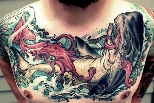 Colorful man chest tattoo