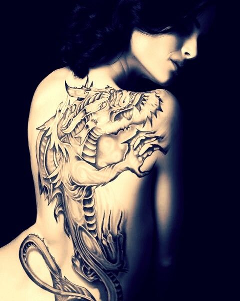Dragon tattoo back and white for girl