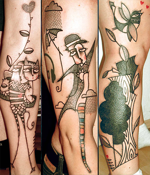 Human and cats abstract character tattoos