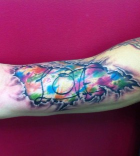 Love arm tattoo by Mel Wink