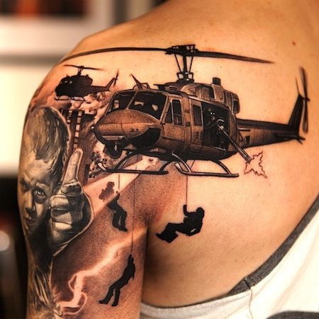 Plane and soldier photorealistic tattoo