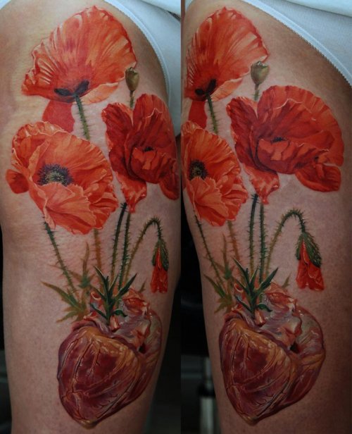 Poppy flowers photorealistic tattoo