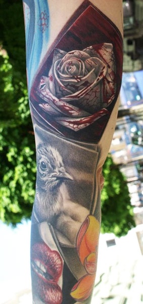 Rose and bird tattoo by Zhivko Baychev