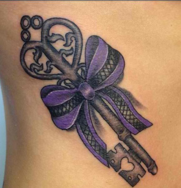 small purple tattoo ribbon key