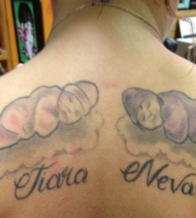 Impressive two babies tattoo on the back