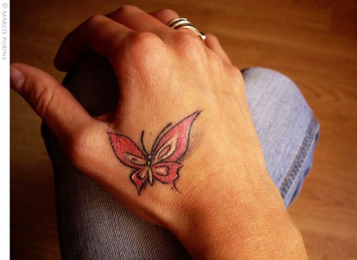 Little red butterfly sitting on the hand