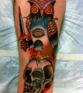 Owl and skull tattoo by Robert Ryan