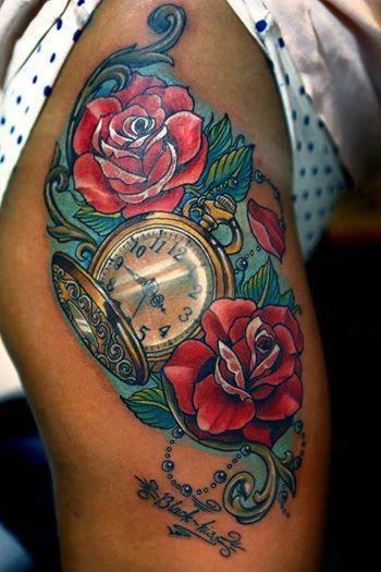Roses and clock tattoo