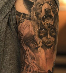 Amazing wolf and girl tattoo
