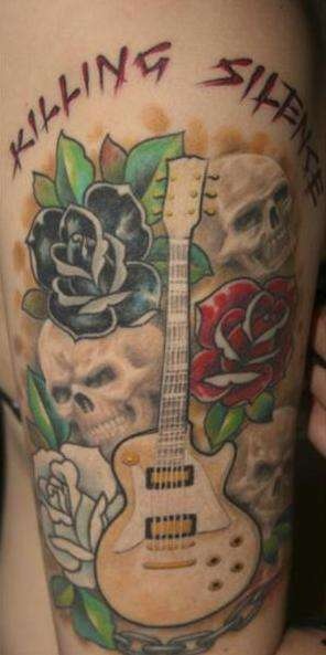Blue and red rose guitar tattoo