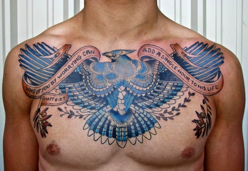 Blue bird tattoo on chest