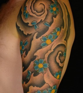 Blue flower asian tattoo