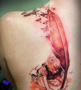 Boy and feather red tattoo