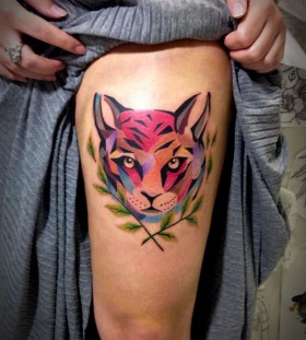 Colorful cat tattoo by Tyago Compiani
