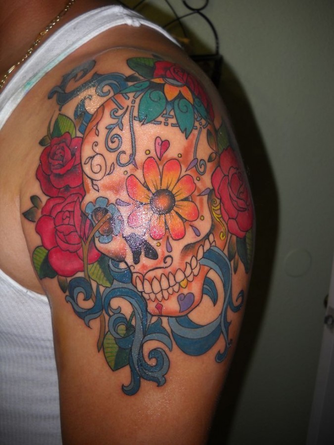 Colorful flowers skull tattoo