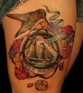 Flowers, birds and ship tattoo