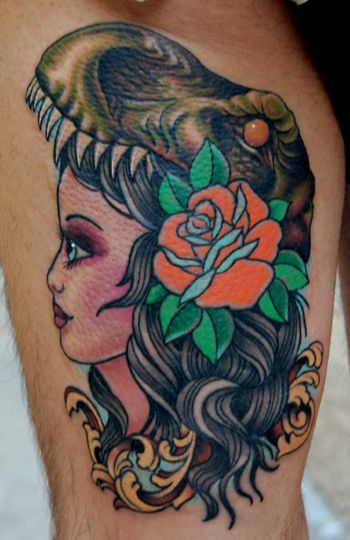 Girl red rose and dinosaur tattoo