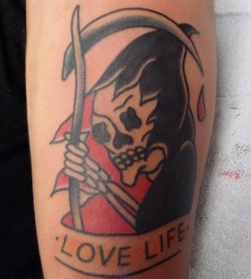 Love life and skull tattoo by Dustin Barnhart