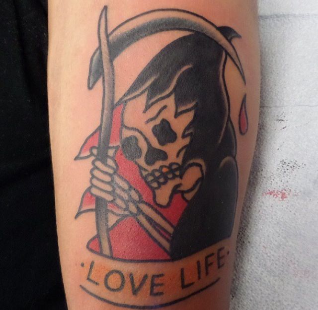 Love life and skull tattoo by Dustin Barnhart