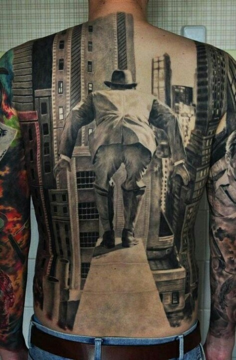 Men and town realistic tattoo
