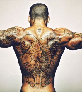 Men's back fish and infinity tattoo