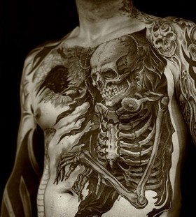 Men's black and white skull tattoo