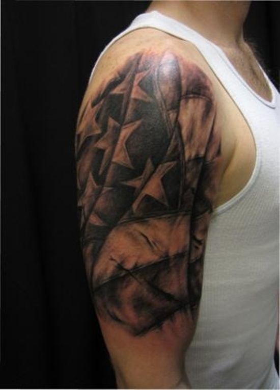 Men’s hand and shoulder military style tattoos