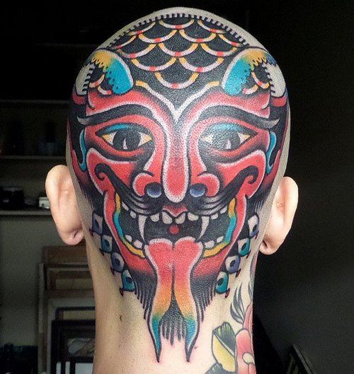 Men’s head tattoo by Dustin Barnhart