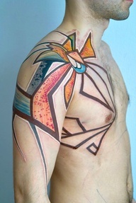 Men's shoulder watercolor tattoo by Grisha Maslov