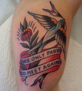 Red flower and bird tattoo by Dustin Barnhart