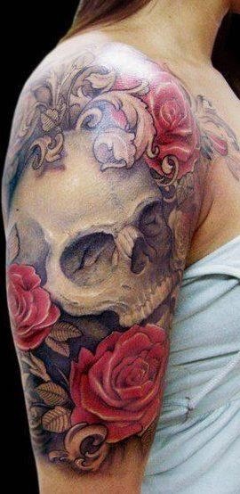Red rose and skull tattoo
