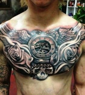 Rose and clock tattoo on chest