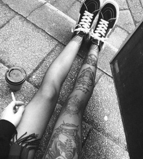 Smoking girl legs tattoo