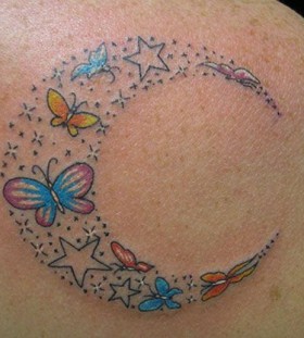 Adorable butterflies back moon tattoo