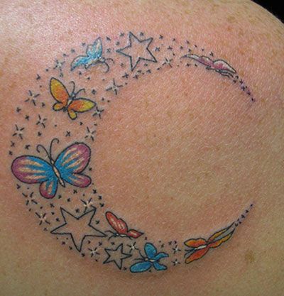 Adorable butterflies back moon tattoo