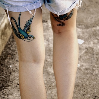 Adorable girl blue birds tattoos on leg