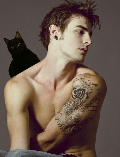 Adorable men cat tattoo on arm