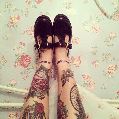 Adorable shoes and rose tattoo on leg