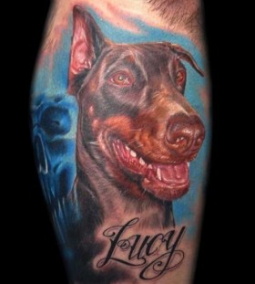 Amazing black dog tattoo on leg