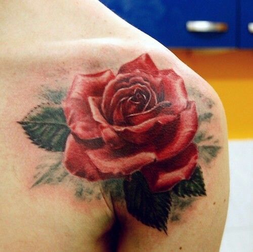 Amazing detail rose tattoo on shoulder