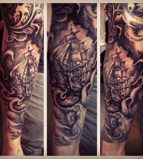 Amazing men's ship tattoo on leg